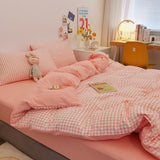 elvesmall  3/4Pcs Skin Friendly Microfiber Duvet Cover Set, Washed Cotton Craft, Double Queen King Plaid Bed Cover Bed Linen Bedding Set