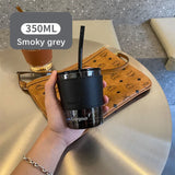 elvesmall  -  350/450ml Coffee Straw Cup With Lid Heat-Resistant Water Bottle Beer Drinkware Coffee Mug With Straw Deer Printed Leather Glass