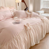 elvesmall Korean Style Princess Lace Bow Bedding Set Pink Sweet Girl Chiffon Ruffles Duvet Cover Bed Sheet Pillowcase Wedding Home Textile