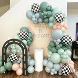 elvesmall 135Pcs Race Car Balloon Garland Arch Kit Dusty Blue Green Latex Balloon Checkered Foil Balloons for Two Fast Party Decorations