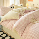 elvesmall INS Grid Duvet Cover Set with Bedsheet Pillowcase Lattice Stripe Quilt Cover Washed Cotton Beddings Adults Kids Bed Linens