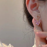 elvesmall Fashion Earrings Necklaces Set for Women Heart-shaped Zircon Pink Crystal Pendant Necklace Women's Jewelry Exquisite Gift