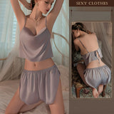 elvesmall  2 piece Sleeveless Sleepwear set Sexy charm Bifurcated Nightwear Ice Silk Breath Nightgown Lounge Camisole Home Suit Lingerie