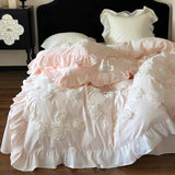 elvesmall  Princess Style 3D Flower Bedding Set 100 Thread Count Autumn and Winter Cotton Duvet Cover Solid White Quilt Covers with Ruffles