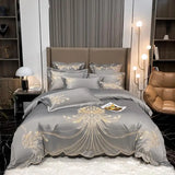 elvesmall  Golden Feather Embroidery Bedding Set Luxury Pearl White Satin Cotton Bedclothes Duvet Cover Bed Sheets Set Pillowscases