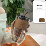 elvesmall  -  350/450ml Coffee Straw Cup With Lid Heat-Resistant Water Bottle Beer Drinkware Coffee Mug With Straw Deer Printed Leather Glass