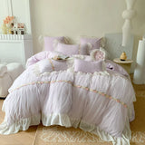 elvesmall  France Romantic Princess Bedding Set Yellow Chiffon Lace Flowers Embroidery Quilt Cover Bed Sheet Pillowcases Home Textile