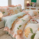 elvesmall Small fresh milk velvet four piece set double faced velvet thickened warm small lace flannel bedding set