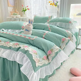 elvesmall Princess Style Korean Bed Skirt Bed Sheet Embroidered Ruffle Lace Quilt Cover Ins Bedding For Girls Luxury Home Textiles