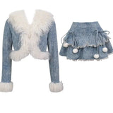 srczz  -  Sweet Hot Girl Suit Women's Autumn/winter Denim Patchwork Furry Short Coat A-line Skirt Two-piece Set Fashion Female Clothes