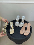 binfenxie  -  Fashion Women Sandals Open Toe Transparent Dress Shoes Thick High Heels Ankle Strap Wedding Party Pumps Dress Shoes Woman 35-41