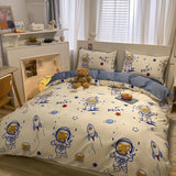 elvesmall  Kawaii Kids Bedding Set Soft Cotton Flat Fitted Sheet Duvet Cover Pillowcases Single Queen Cartoon Boy Girls Dormitory Bed Linen