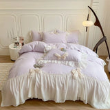 elvesmall Princess Lace Bow Bedding Set Beauty Solid Color Lace Ruffle Quilt Cover Luxury Girls Wedding Home Textiles Duver Cover