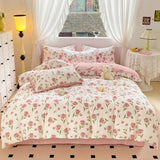 elvesmall Botanical Floral Duvet Cover Single/Queen, Washed Cotton Garden Flower Pattern Comforter Cover 3Pcs Reversible Pink Bedding Set