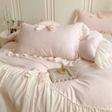elvesmall Korean Style Princess Lace Bow Bedding Set Pink Sweet Girl Chiffon Ruffles Duvet Cover Bed Sheet Pillowcase Wedding Home Textile