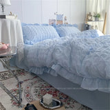 elvesmall  Quilt Cover INS Girl Blue Solid Color Seersucker Ruffles Lace Bedding Set Kawaii  Soft Sheet Woman Duvet Cover Pillow Covers