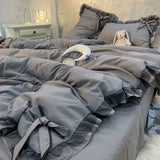 elvesmall Grey White Quilt Cover Korean Prinsess Bow Girl Bedding Sets Simple Solid Color Bedclothes Decor Bedroom