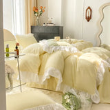 elvesmall Chic Ruffle Lace Duvet Cover Set for Girl Yellow Princess Comforter Cover 3 Piece Bedding with Zipper Closure Soft Bedroom Decor