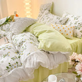 elvesmall  INS Princess Style Flower Bedding Set Duvet Cover With Ruffle Lace Bed Sheet Pillowcases Kawaii Girl Woman Bedroom Home Textiles