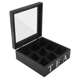 elvesmall Wooden 9 Grids Tea Box Tea Bags Container Storage Box Square Gift Box Case Transparent Top Lid Jewelry Storage Box-Black