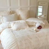 elvesmall High End Chiffon Lace Embroidery Bedding Set Luxury Beige Egyptian Cotton Princess Pleats Duvet Cover Bed Sheet Pillowcases