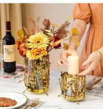 elvesmall Metal Glassflower Vase Golden Hollow Frame Hydroponic Flower Arrangement Home Decoration Multifunctional Candle Holder
