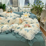elvesmall Korean Bow Bedding Set Princess Ruffle Lace Girls Duvet Cover No Filling Flat Sheet Pillowcases Floral Quilt Cover Bed Linens