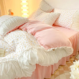 elvesmall Ins Style Pink Floral Bedding Set Single Twin Size Pastoral Girls Duvet Cover No Filling Flat Sheet Pillowcases Cute Bed Linens