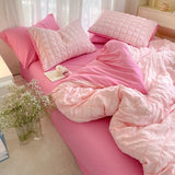 elvesmall Pink Ruffled Seersucker Duvet Cover Set Soft Lightweight Solid Color Bedding with Bed Sheet and Pillowcases Single Twin Ful Size