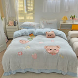elvesmall  Cute Cartoon Bear Soft Comfortable Velvet Fleece Towel Embroidery Bedding Set Duvet Cover Linen Fitted Sheet Pillowcases