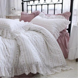 elvesmall  France Style Bedding Set Luxury Purple Princess Bedspread White Printing Egyptian Cotton Lace Duvet Cover Bed Skirt Pillowcases