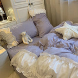 elvesmall Korea Princess Purple Bedding Sets Bed Sheet Pillowcases Duvet Cover 3/4 Pieces Home Decoration Washed Cotton Flat Sheet Set