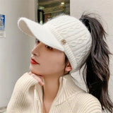 elvesmall Women Hats New Autumn Winter Warm Rabbit Knitted Hats Outdoor Sports Golf Ponytail Hat Baseball Caps Empty Top Caps 1PC