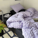 elvesmall Duvet Set Korean Princess Pink Seersucker Bedding Kawaii  Duvet Cover Solid Color Queen Size Double Sheets Sets For Girls
