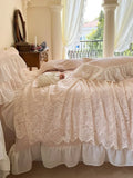 elvesmall  Korean Style Pink Lace Bedspread Bedding Set King Queen Luxury Princess Duvet Cover Bed Skirts Bedcloth Soft Cotton Home Textile
