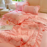 elvesmall Pink Ruffle Comforter Bed Sheet Pillowcases Queen Size Lightweight Fluffy Farmhouse White Ruffle Bedding Set Soft Microfiber