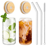 elvesmall  -  1/2/4pcs Drinking Glasses With Bamboo Lids And Glass Straw Set 16oz Can Shaped Glass Cups Beer Iced Coffee Glasses Tumbler Cup