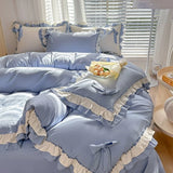 elvesmall  Pink Kawaii Bedding Set, Princess Ruffle Bed Covers, Full Set, Washed Cotton Quilt Cover, Sheet, Pillowcase Decor Bedroom