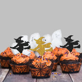 elvesmall 12Pcs Halloween Collection Of Gold And Black Witches Riding On Broomsticks Cupcake Topper Birthday Cake Decor Halloween Supplies