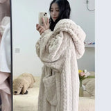 elvesmall  Pocket Robe for Women Sleepwear Winter Nightdress Night Wears Warm Fleece Pajama One Piece Nightgown Hooded Sleeping Homewear