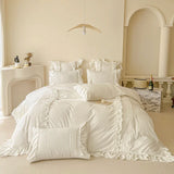 elvesmall Korean Princess Style Lace Ruffles Bedding Set Solid Color Duvet Cover Set Flat/Fitted Bed Sheet Pillowcases With Pillowcases