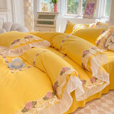 elvesmall Korean Princess Bedding Set Flowers Lace Ruffles Duvet Cover Set Bed Sheet Pillowcase Solid Color Bed Linen for Girls Queen Size