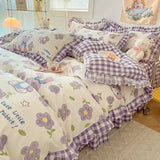 elvesmall Fashion Lattice Bedding Set Bed Sheet Cute Princess AB Double Sided Ruffle Flower Quilt Cover Pillowcase Bedclothes Home Textile