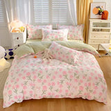 elvesmall Cute Pink Strawberry Duvet Cover Flat Sheet Pillowcase Floral Bedding Set Girls Bed Linen Soft Thick Washed Cotton Bedclothes