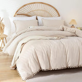 elvesmall  Pink Full Ball Pom Fringe Design Comforter Set 3pcs, Boho Aesthetic Luxurious Full Bedding Set, Vintage Ultra Soft Microfiber