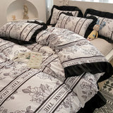 elvesmall Floral Duvet Cover Set 4pcs Soft Ruffle Vintage Flower Bedding Set Light Luxury Reversible Comforter Cover with Zipper Closure