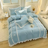 elvesmall Korean Princess Style Bedding Sets Ins Lace Bowknot Duvet Cover Fitted Sheet For Girl Woman Home Bedroom Kawaii Bed Linens