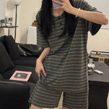 elvesmall Striped Women Pajamas Sets for Home Summer Button Sleepwear Shorts Sleeve Bow 2 Pieces Night Wears Korean Casual Home Suit