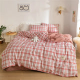 elvesmall Japan Style Bedding Set Plaid Queen Size Duvet Cover Set With Sheets Bedroom Decor Skin Friendly King Single Double Bedding Sets