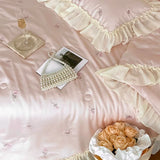 elvesmall Pink French Rose Embroidery Lace Ruffles Bedding Set, Ice Silky Quilts, Summer Cool Quilts, Bedroom Nap Air Conditioner